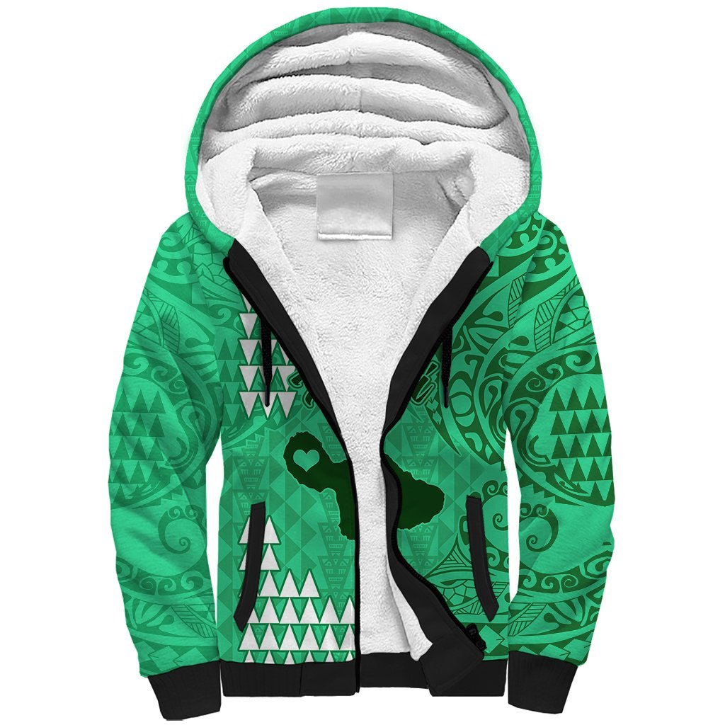 Personalised Maui Island Sherpa Hoodie Kakau Tribal Mixed Polynesian Pattern Green LT9 Unisex Green - Polynesian Pride