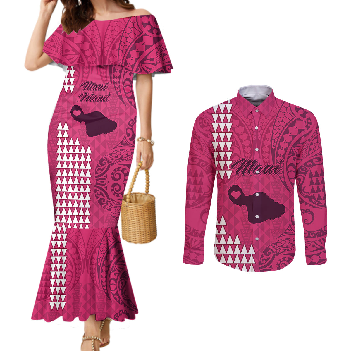 Maui Island Couples Matching Mermaid Dress and Long Sleeve Button Shirts Kakau Tribal Mixed Polynesian Pattern Pink LT9 Pink - Polynesian Pride