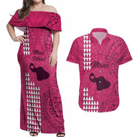 Maui Island Couples Matching Off Shoulder Maxi Dress and Hawaiian Shirt Kakau Tribal Mixed Polynesian Pattern Pink LT9 Pink - Polynesian Pride