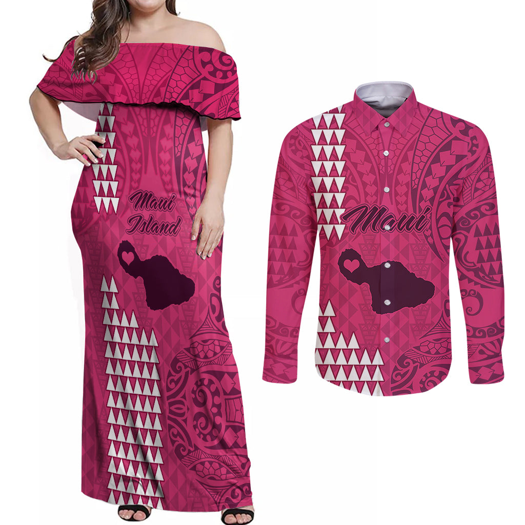 Maui Island Couples Matching Off Shoulder Maxi Dress and Long Sleeve Button Shirts Kakau Tribal Mixed Polynesian Pattern Pink LT9 Pink - Polynesian Pride