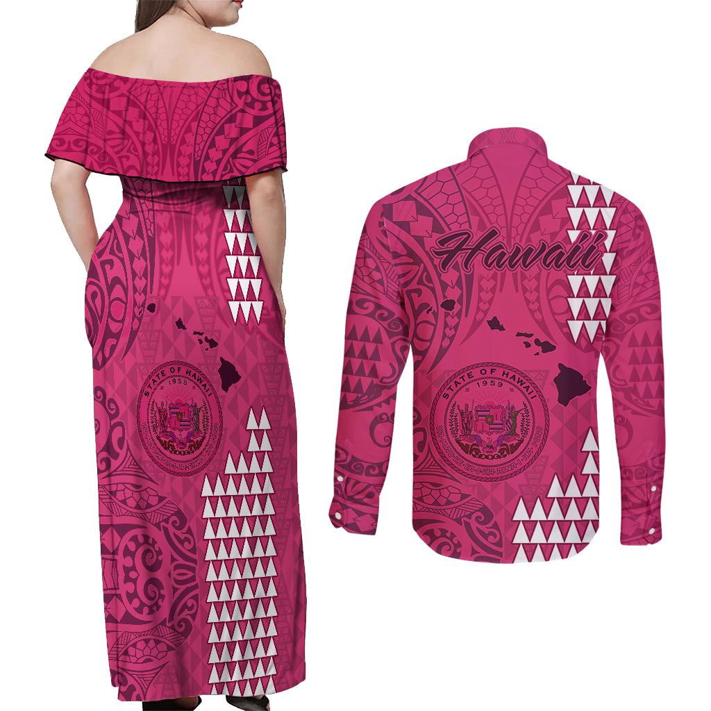 Maui Island Couples Matching Off Shoulder Maxi Dress and Long Sleeve Button Shirts Kakau Tribal Mixed Polynesian Pattern Pink LT9 - Polynesian Pride