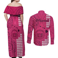 Maui Island Couples Matching Off Shoulder Maxi Dress and Long Sleeve Button Shirts Kakau Tribal Mixed Polynesian Pattern Pink LT9 - Polynesian Pride