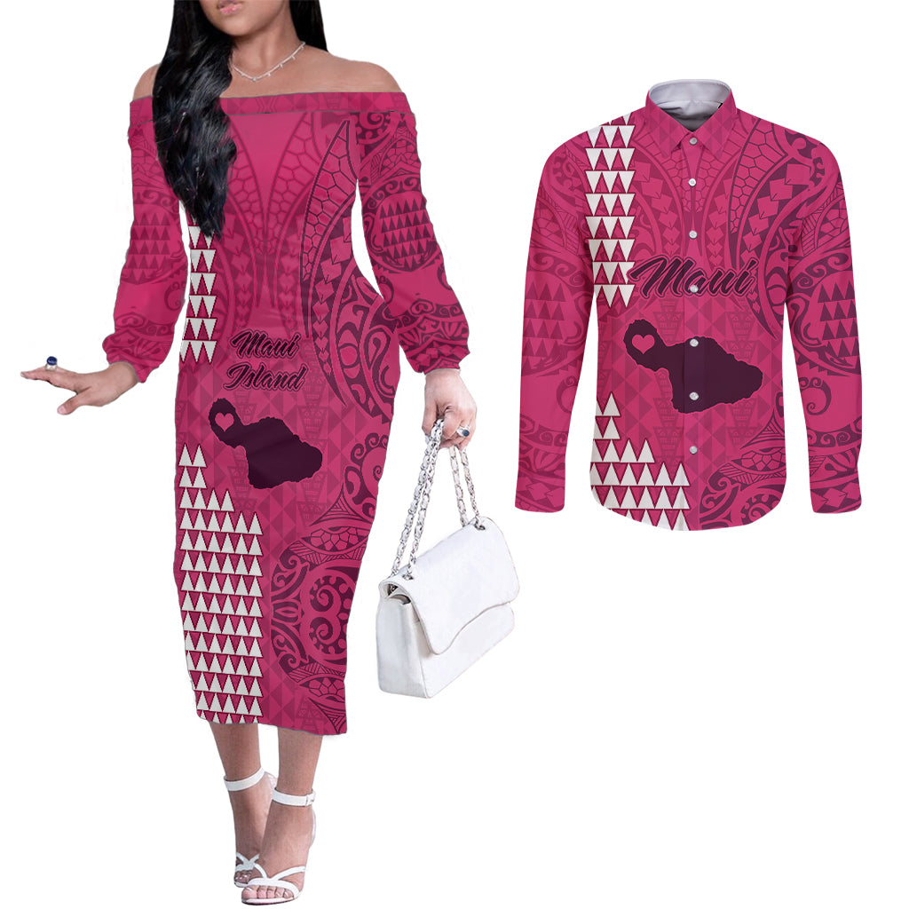 Maui Island Couples Matching Off The Shoulder Long Sleeve Dress and Long Sleeve Button Shirts Kakau Tribal Mixed Polynesian Pattern Pink LT9 Pink - Polynesian Pride