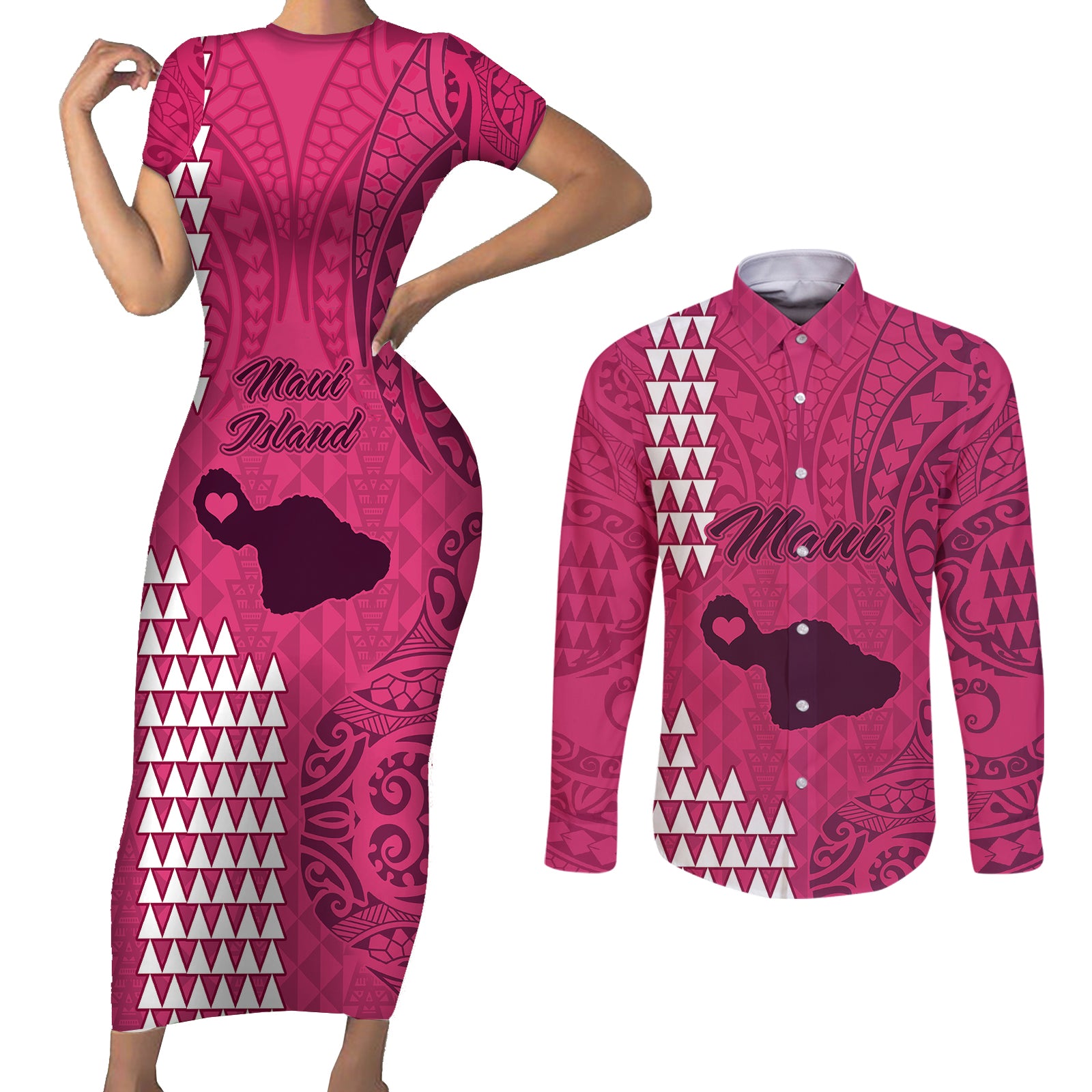 Maui Island Couples Matching Short Sleeve Bodycon Dress and Long Sleeve Button Shirts Kakau Tribal Mixed Polynesian Pattern Pink LT9 Pink - Polynesian Pride
