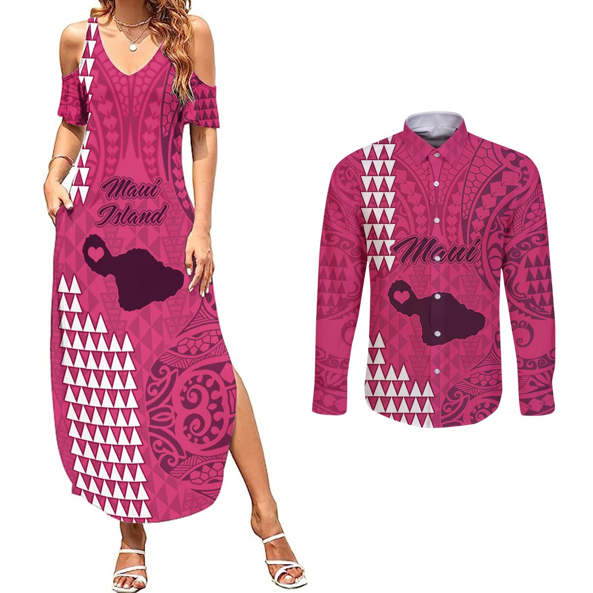 Maui Island Couples Matching Summer Maxi Dress and Long Sleeve Button Shirts Kakau Tribal Mixed Polynesian Pattern Pink LT9 Pink - Polynesian Pride