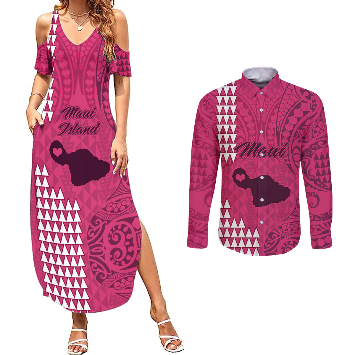 Maui Island Couples Matching Summer Maxi Dress and Long Sleeve Button Shirts Kakau Tribal Mixed Polynesian Pattern Pink LT9 Pink - Polynesian Pride