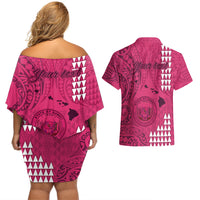 Personalised Maui Island Couples Matching Off Shoulder Short Dress and Hawaiian Shirt Kakau Tribal Mixed Polynesian Pattern Pink LT9 - Polynesian Pride