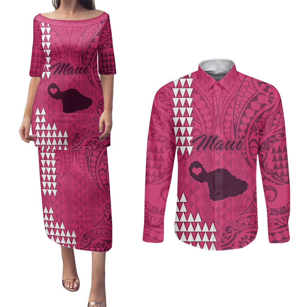 Personalised Maui Island Couples Matching Puletasi Dress and Long Sleeve Button Shirts Kakau Tribal Mixed Polynesian Pattern Pink LT9 Pink - Polynesian Pride