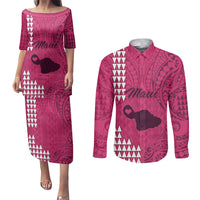 Personalised Maui Island Couples Matching Puletasi Dress and Long Sleeve Button Shirts Kakau Tribal Mixed Polynesian Pattern Pink LT9 Pink - Polynesian Pride