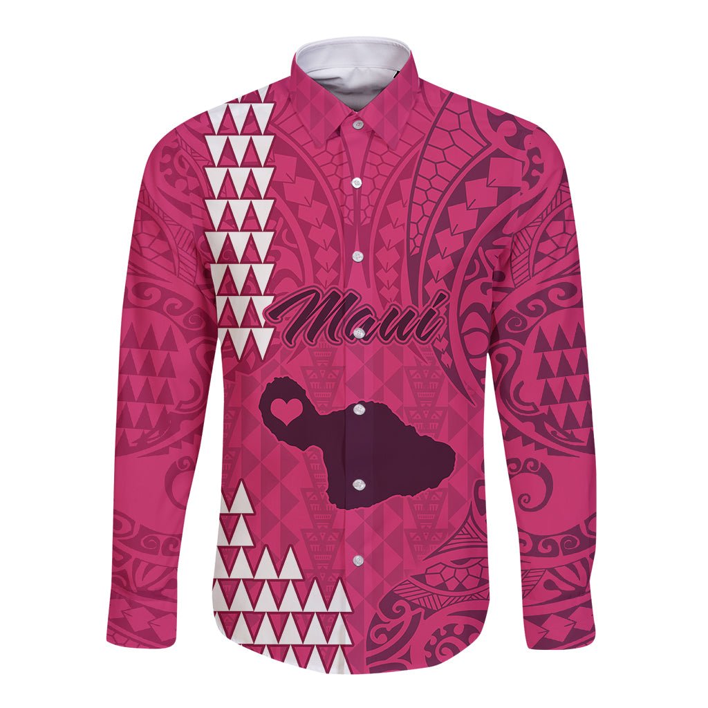 Personalised Maui Island Long Sleeve Button Shirt Kakau Tribal Mixed Polynesian Pattern Pink LT9 Unisex Pink - Polynesian Pride
