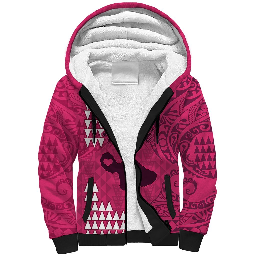 Personalised Maui Island Sherpa Hoodie Kakau Tribal Mixed Polynesian Pattern Pink LT9 Unisex Pink - Polynesian Pride