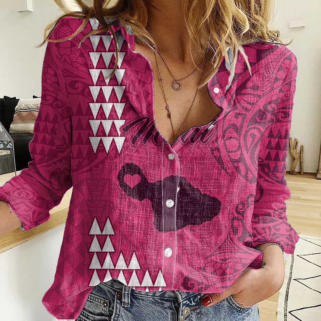 Personalised Maui Island Women Casual Shirt Kakau Tribal Mixed Polynesian Pattern Pink LT9 Female Pink - Polynesian Pride