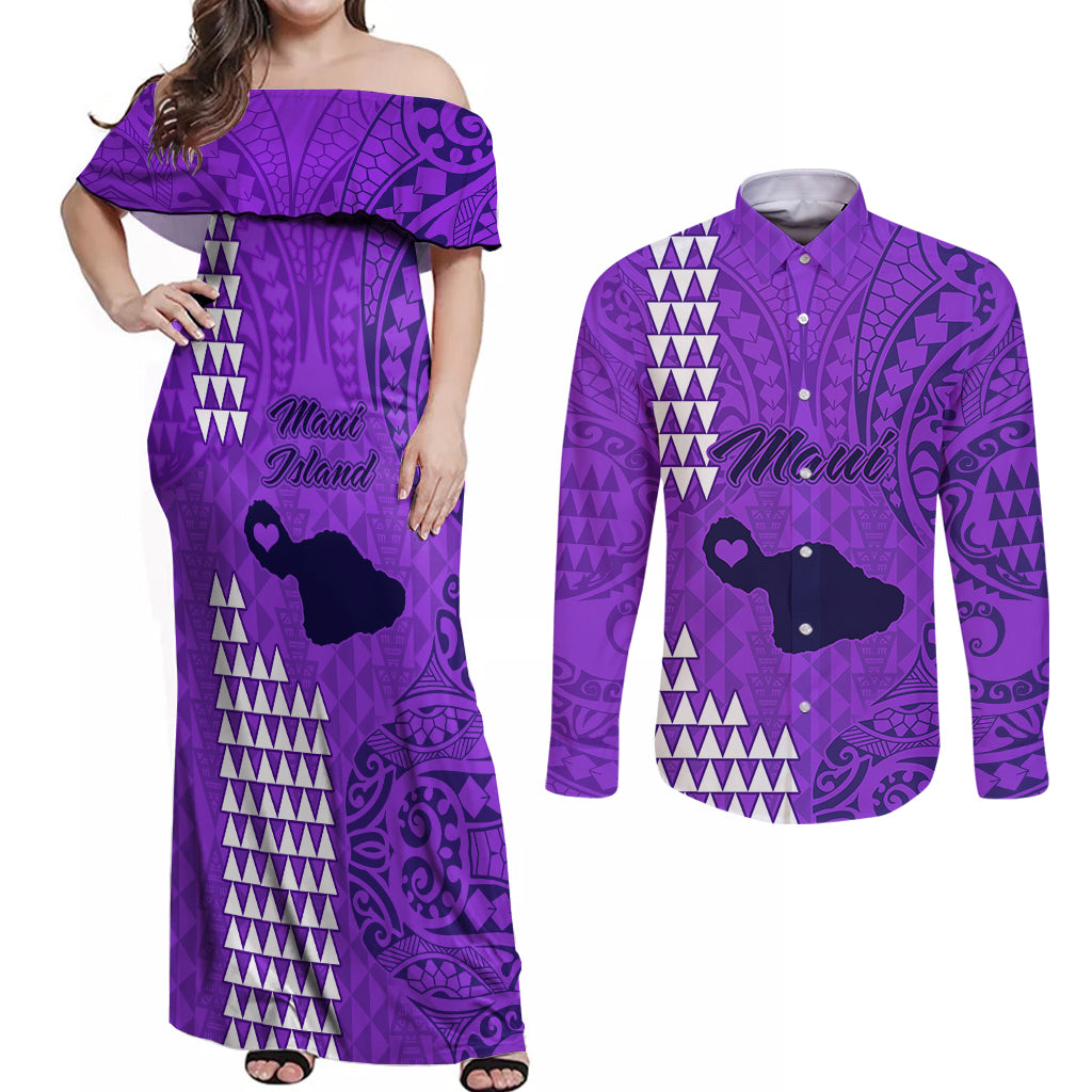 Maui Island Couples Matching Off Shoulder Maxi Dress and Long Sleeve Button Shirts Kakau Tribal Mixed Polynesian Pattern Purple LT9 Purple - Polynesian Pride