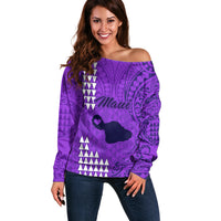 Maui Island Off Shoulder Sweater Kakau Tribal Mixed Polynesian Pattern Purple LT9 Women Purple - Polynesian Pride