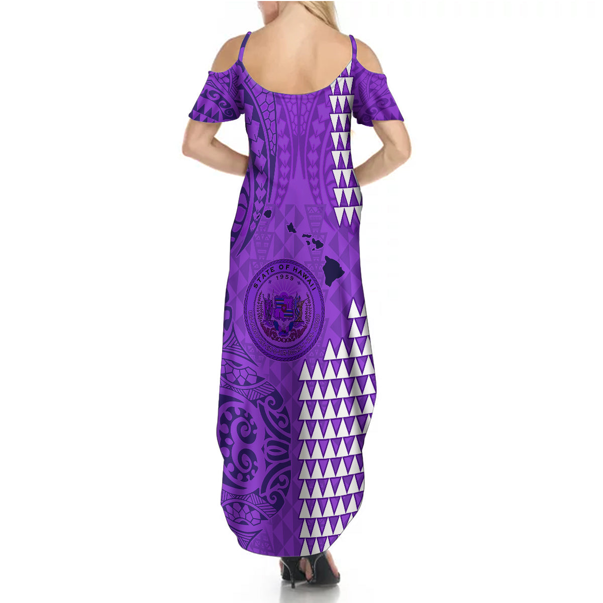 Maui Island Summer Maxi Dress Kakau Tribal Mixed Polynesian Pattern Purple LT9 - Polynesian Pride