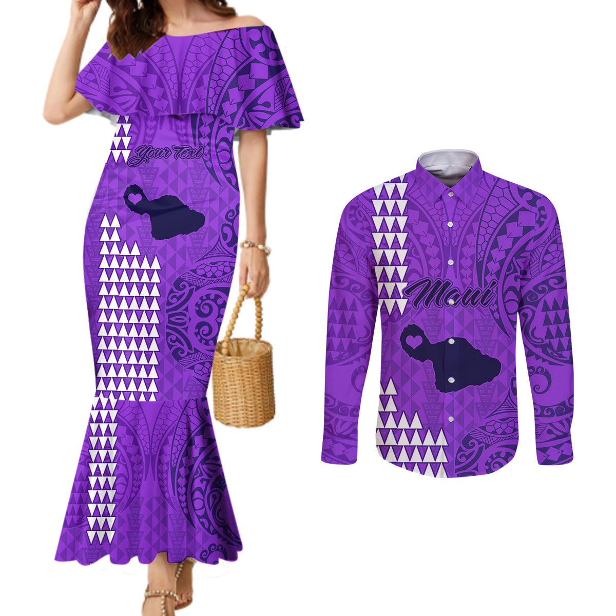 Personalised Maui Island Couples Matching Mermaid Dress and Long Sleeve Button Shirts Kakau Tribal Mixed Polynesian Pattern Purple LT9 Purple - Polynesian Pride