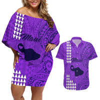 Personalised Maui Island Couples Matching Off Shoulder Short Dress and Hawaiian Shirt Kakau Tribal Mixed Polynesian Pattern Purple LT9 Purple - Polynesian Pride