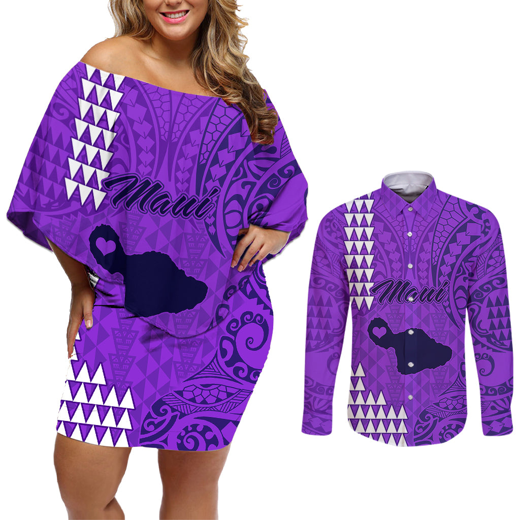 Personalised Maui Island Couples Matching Off Shoulder Short Dress and Long Sleeve Button Shirts Kakau Tribal Mixed Polynesian Pattern Purple LT9 Purple - Polynesian Pride