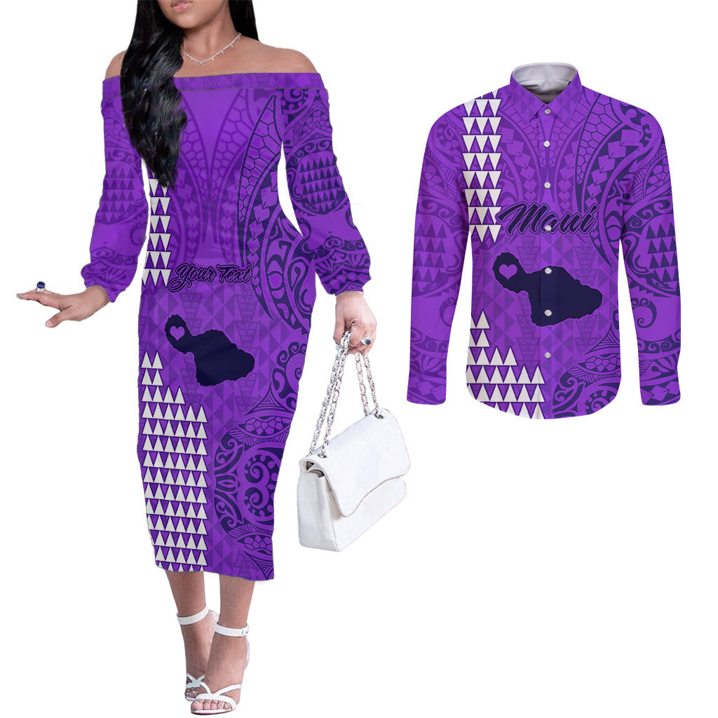 Personalised Maui Island Couples Matching Off The Shoulder Long Sleeve Dress and Long Sleeve Button Shirts Kakau Tribal Mixed Polynesian Pattern Purple LT9 Purple - Polynesian Pride