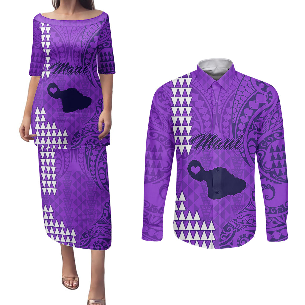 Personalised Maui Island Couples Matching Puletasi Dress and Long Sleeve Button Shirts Kakau Tribal Mixed Polynesian Pattern Purple LT9 Purple - Polynesian Pride