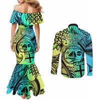 malampa-fiji-day-couples-matching-mermaid-dress-and-long-sleeve-button-shirts-vanuatu-sand-drawing-with-polynesian-pattern