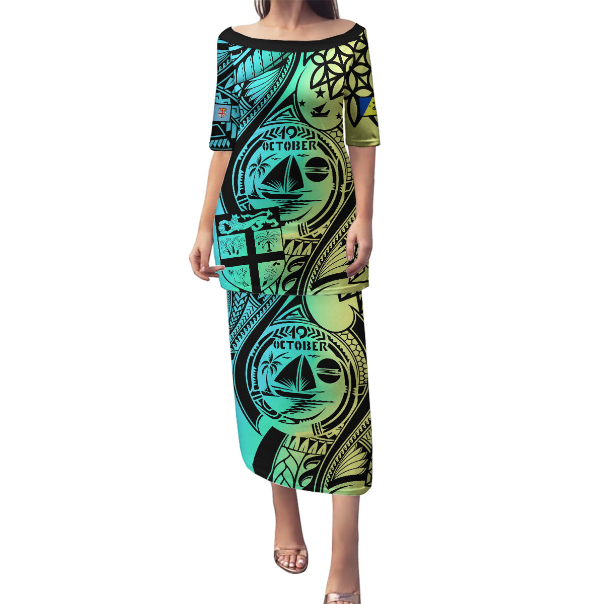 Malampa Fiji Day Family Matching Puletasi Dress and Hawaiian Shirt Vanuatu Sand Drawing With Polynesian Pattern LT9 Mom's Dress Black - Polynesian Pride