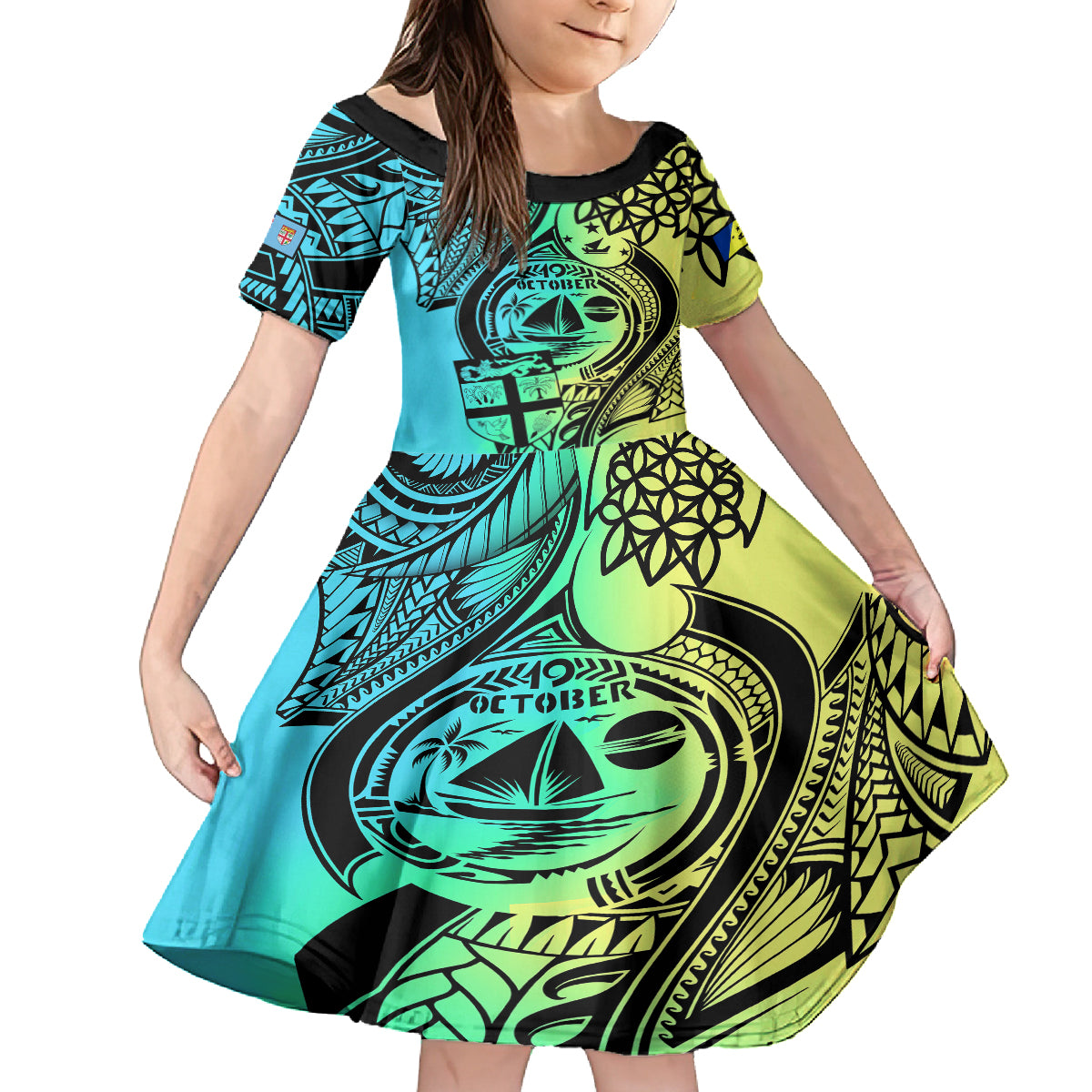 personalised-malampa-fiji-day-kid-short-sleeve-dress-vanuatu-sand-drawing-with-polynesian-pattern