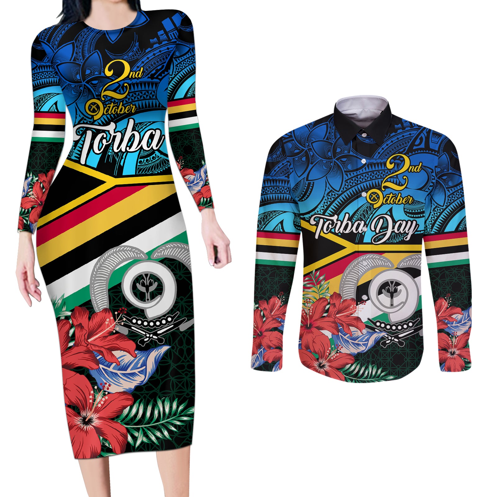 torba-vanuatu-couples-matching-long-sleeve-bodycon-dress-and-long-sleeve-button-shirts-sand-drawing-with-polynesian-pattern