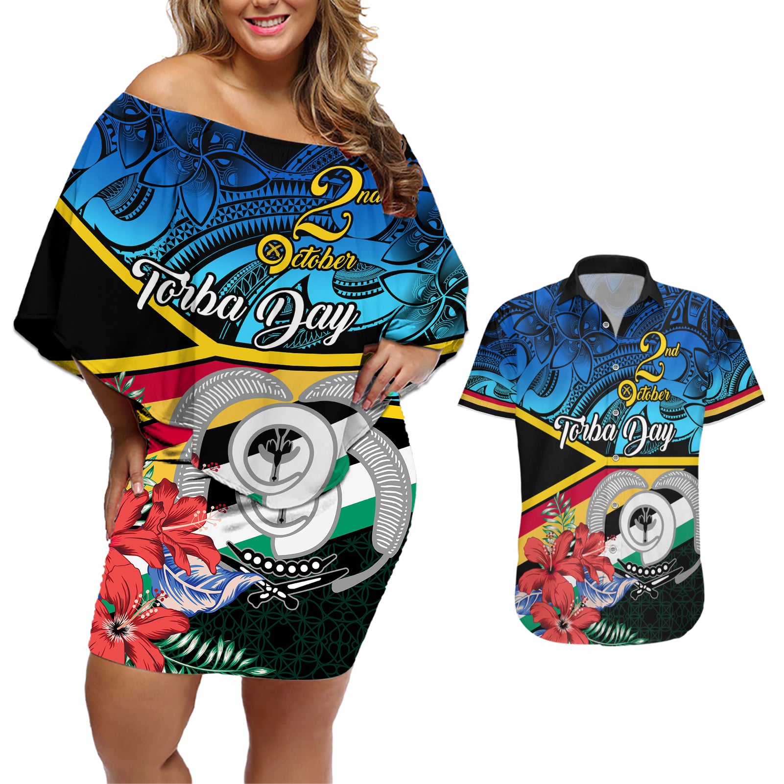 personalised-torba-vanuatu-couples-matching-off-shoulder-short-dress-and-hawaiian-shirt-sand-drawing-with-polynesian-pattern