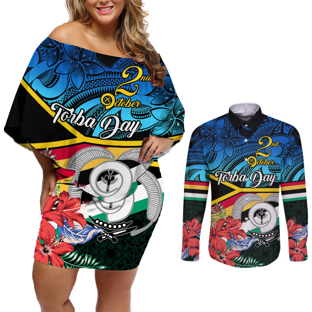 personalised-torba-vanuatu-couples-matching-off-shoulder-short-dress-and-long-sleeve-button-shirts-sand-drawing-with-polynesian-pattern