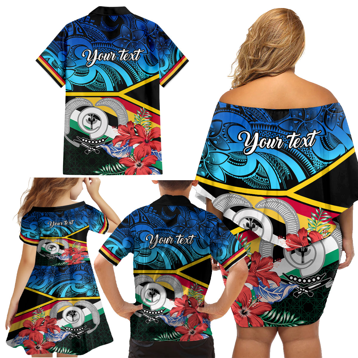 personalised-torba-vanuatu-family-matching-off-shoulder-short-dress-and-hawaiian-shirt-sand-drawing-with-polynesian-pattern