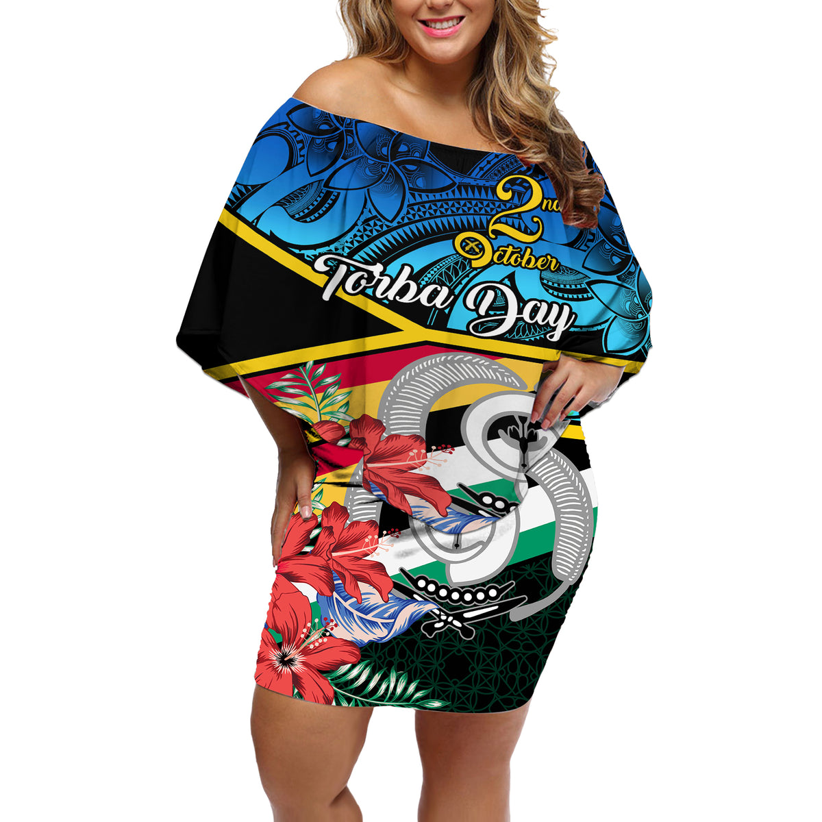 personalised-torba-vanuatu-off-shoulder-short-dress-sand-drawing-with-polynesian-pattern