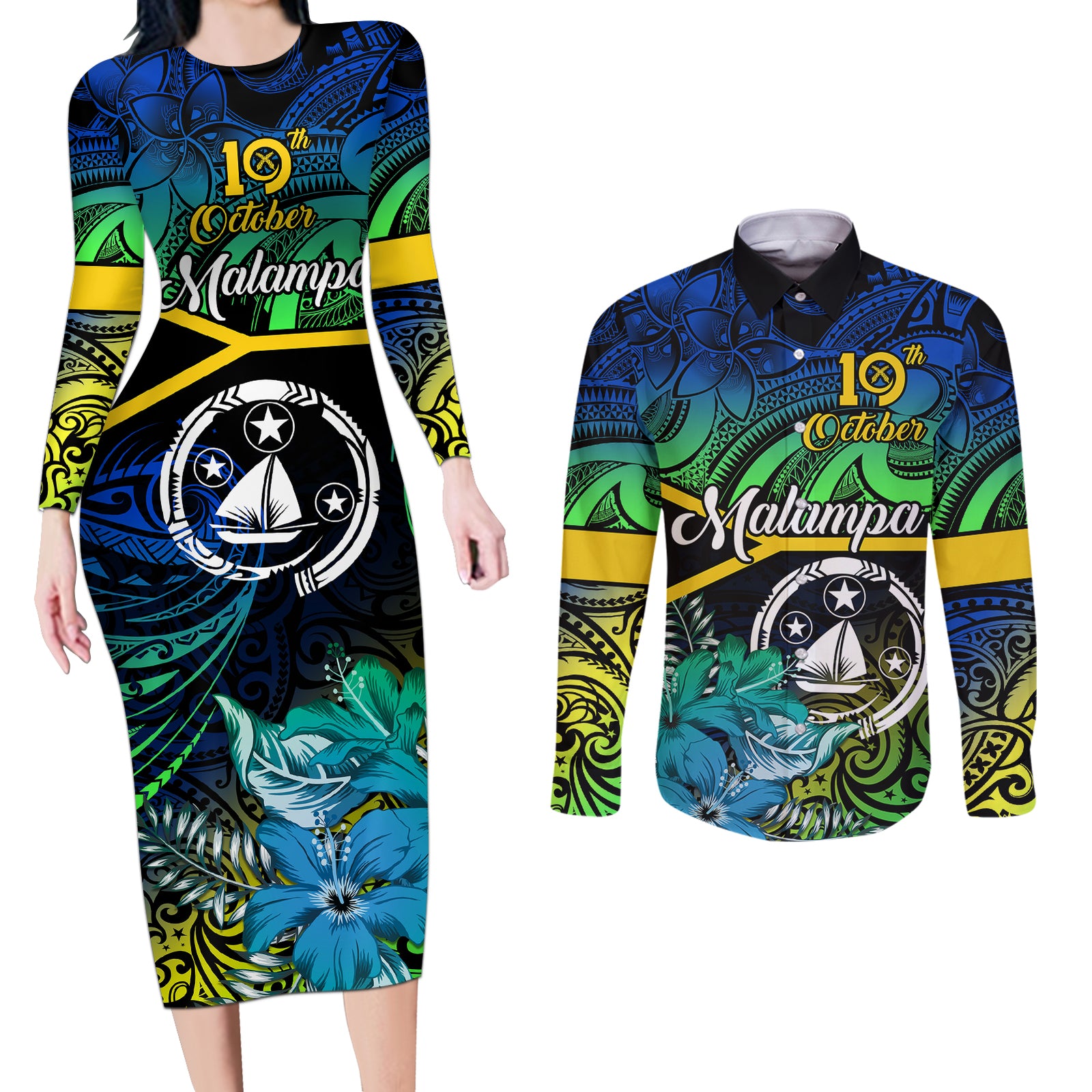 malampa-day-couples-matching-long-sleeve-bodycon-dress-and-long-sleeve-button-shirts-vanuatu-flowers-with-malampa-emblem-tribal-pattern