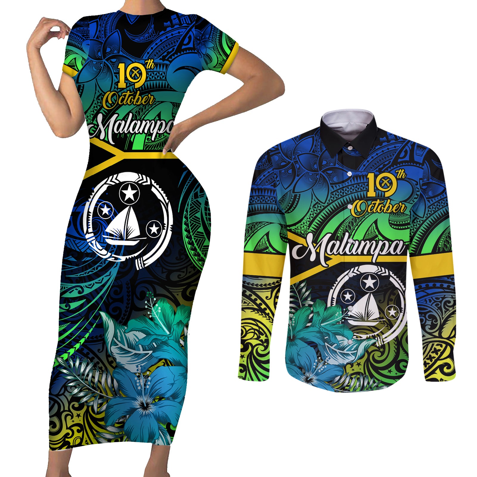 malampa-day-couples-matching-short-sleeve-bodycon-dress-and-long-sleeve-button-shirts-vanuatu-flowers-with-malampa-emblem-tribal-pattern