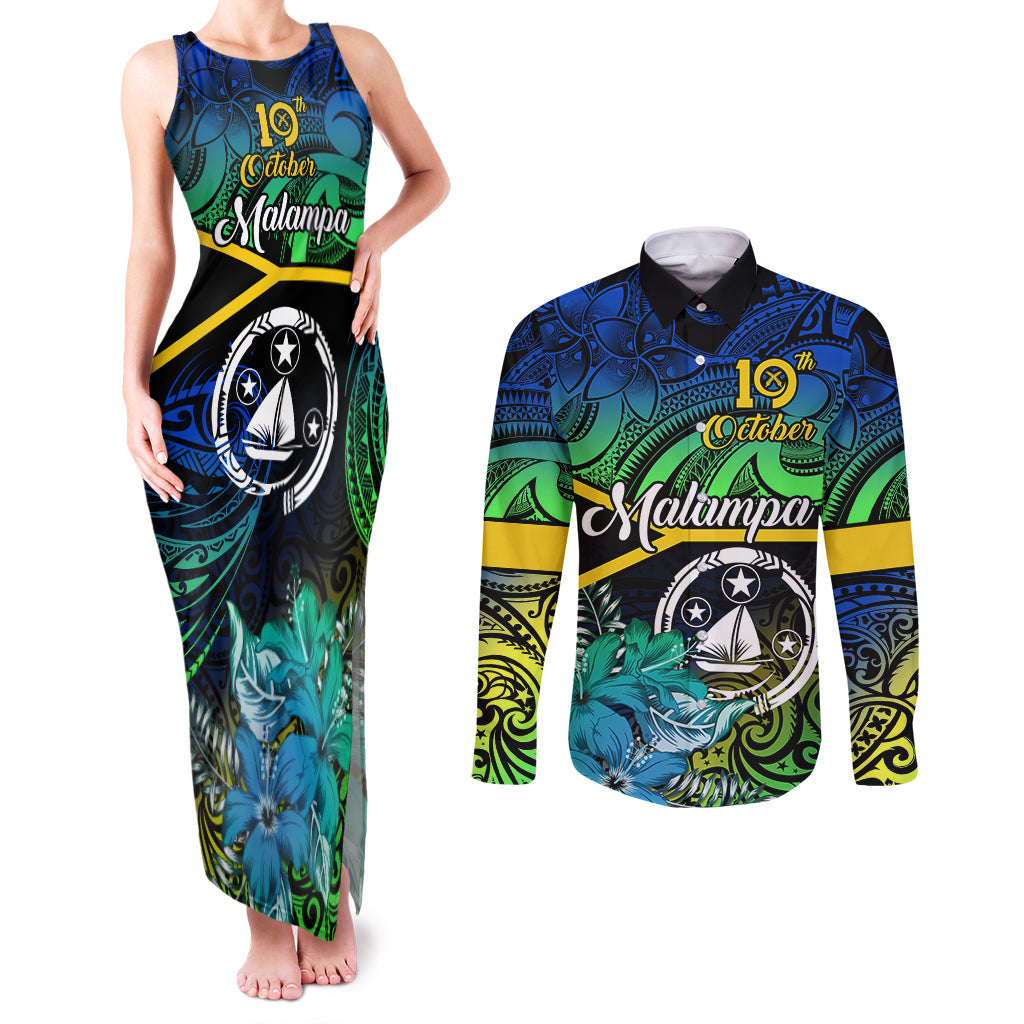 malampa-day-couples-matching-tank-maxi-dress-and-long-sleeve-button-shirts-vanuatu-flowers-with-malampa-emblem-tribal-pattern
