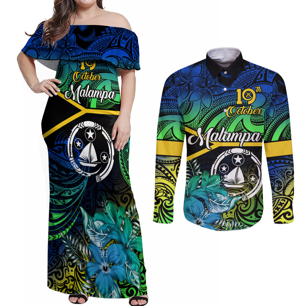 personalised-malampa-day-couples-matching-off-shoulder-maxi-dress-and-long-sleeve-button-shirts-vanuatu-flowers-with-malampa-emblem-tribal-pattern