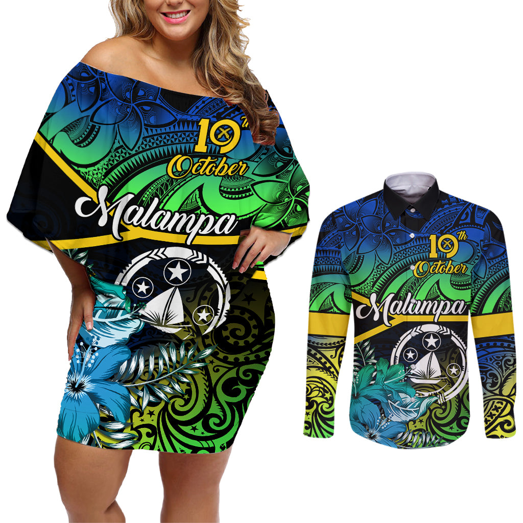 personalised-malampa-day-couples-matching-off-shoulder-short-dress-and-long-sleeve-button-shirts-vanuatu-flowers-with-malampa-emblem-tribal-pattern
