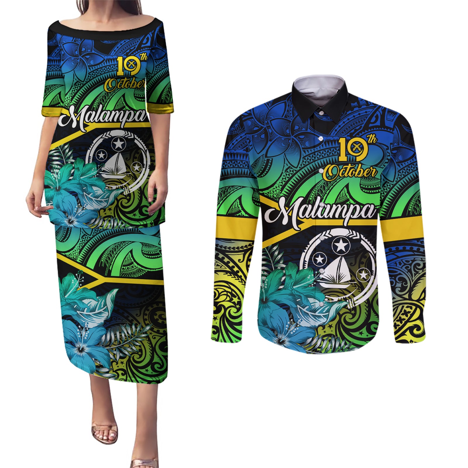 personalised-malampa-day-couples-matching-puletasi-dress-and-long-sleeve-button-shirts-vanuatu-flowers-with-malampa-emblem-tribal-pattern
