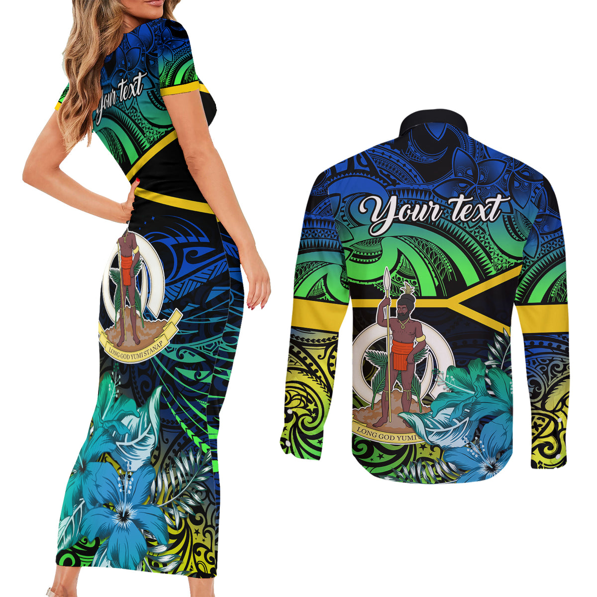personalised-malampa-day-couples-matching-short-sleeve-bodycon-dress-and-long-sleeve-button-shirts-vanuatu-flowers-with-malampa-emblem-tribal-pattern