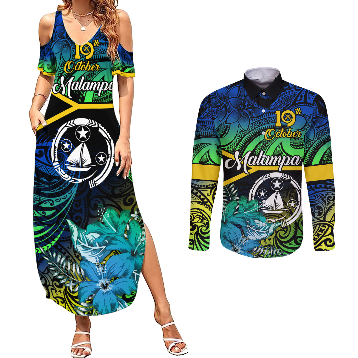 personalised-malampa-day-couples-matching-summer-maxi-dress-and-long-sleeve-button-shirts-vanuatu-flowers-with-malampa-emblem-tribal-pattern