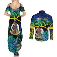 personalised-malampa-day-couples-matching-summer-maxi-dress-and-long-sleeve-button-shirts-vanuatu-flowers-with-malampa-emblem-tribal-pattern