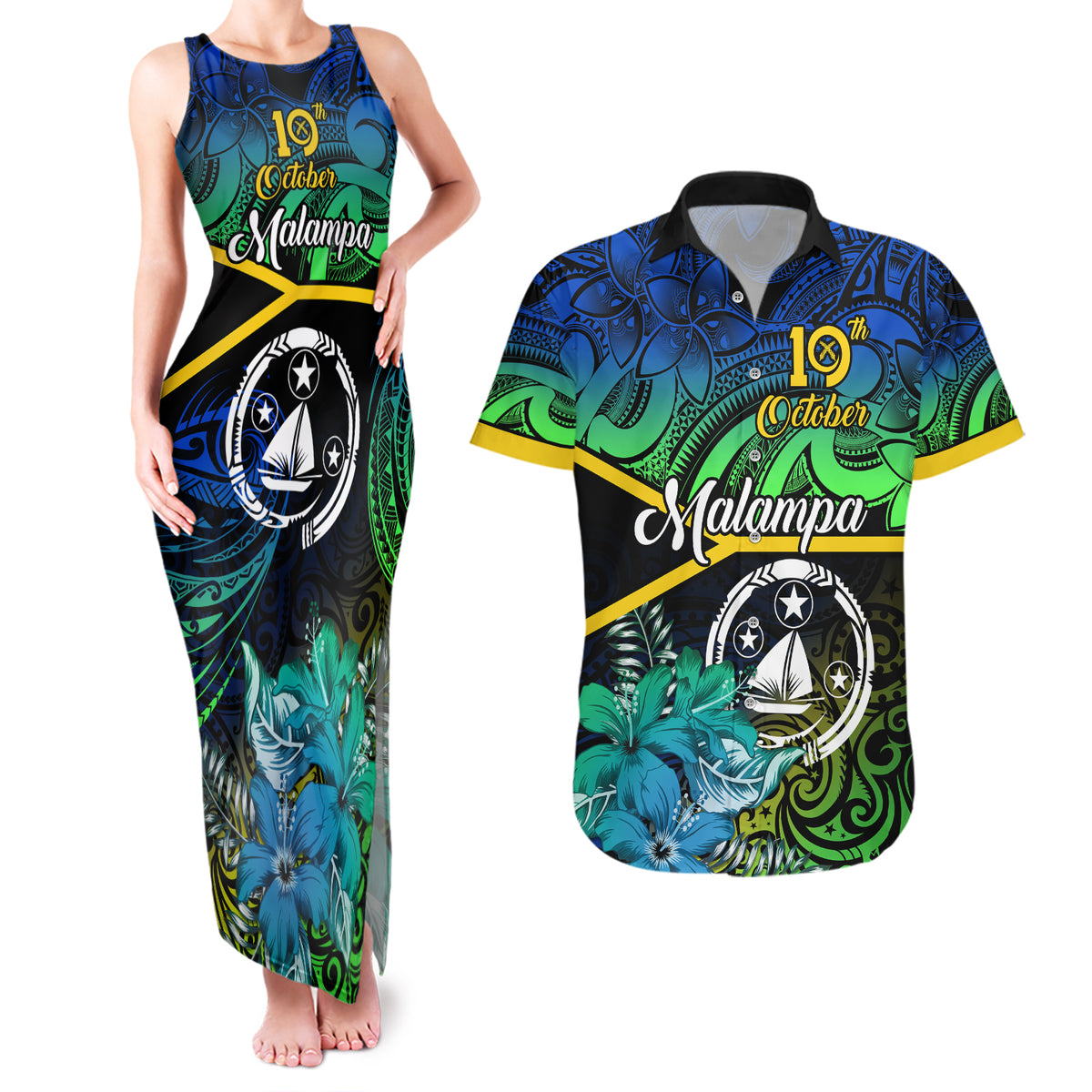 personalised-malampa-day-couples-matching-tank-maxi-dress-and-hawaiian-shirt-vanuatu-flowers-with-malampa-emblem-tribal-pattern