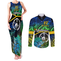 personalised-malampa-day-couples-matching-tank-maxi-dress-and-long-sleeve-button-shirts-vanuatu-flowers-with-malampa-emblem-tribal-pattern