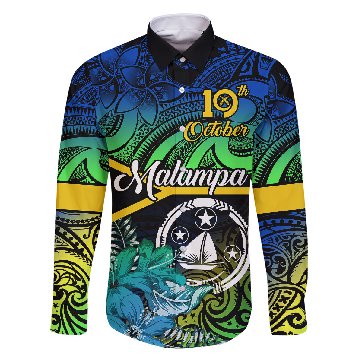 Personalised Malampa Day Family Matching Puletasi Dress and Hawaiian Shirt Vanuatu Flowers with Malampa Emblem Tribal Pattern LT9 Dad's Shirt - Long Sleeve Black - Polynesian Pride