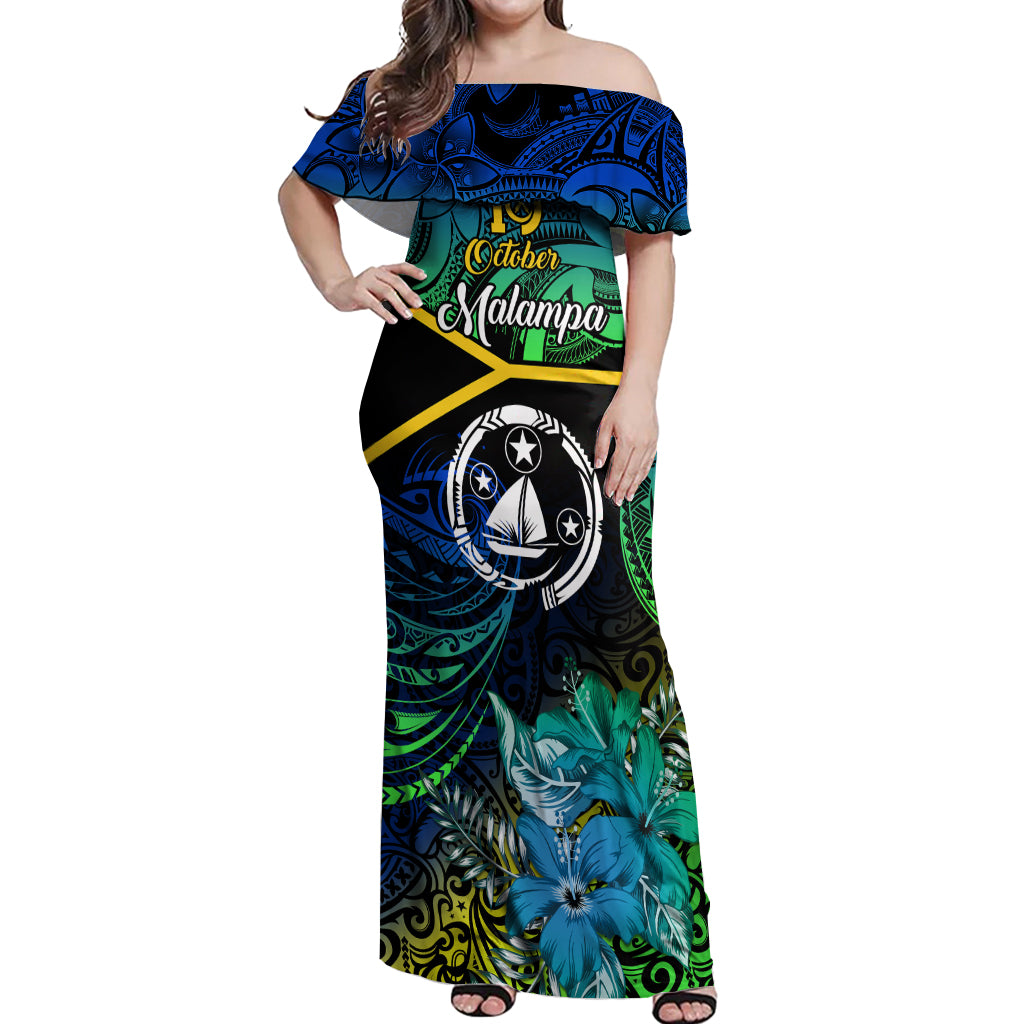 personalised-malampa-day-off-shoulder-maxi-dress-vanuatu-flowers-with-malampa-emblem-tribal-pattern