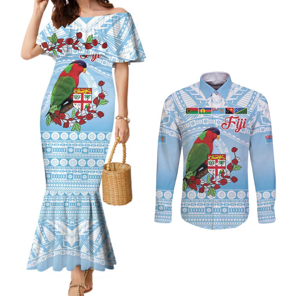 Melanesian Fiji Kula Bird Couples Matching Mermaid Dress and Long Sleeve Button Shirt with Tagimoucia Masi Tapa Pattern LT9 Blue - Polynesian Pride