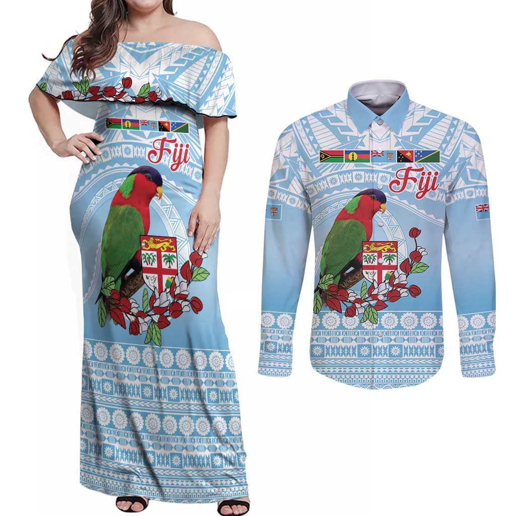 Melanesian Fiji Kula Bird Couples Matching Off Shoulder Maxi Dress and Long Sleeve Button Shirt with Tagimoucia Masi Tapa Pattern LT9 Blue - Polynesian Pride