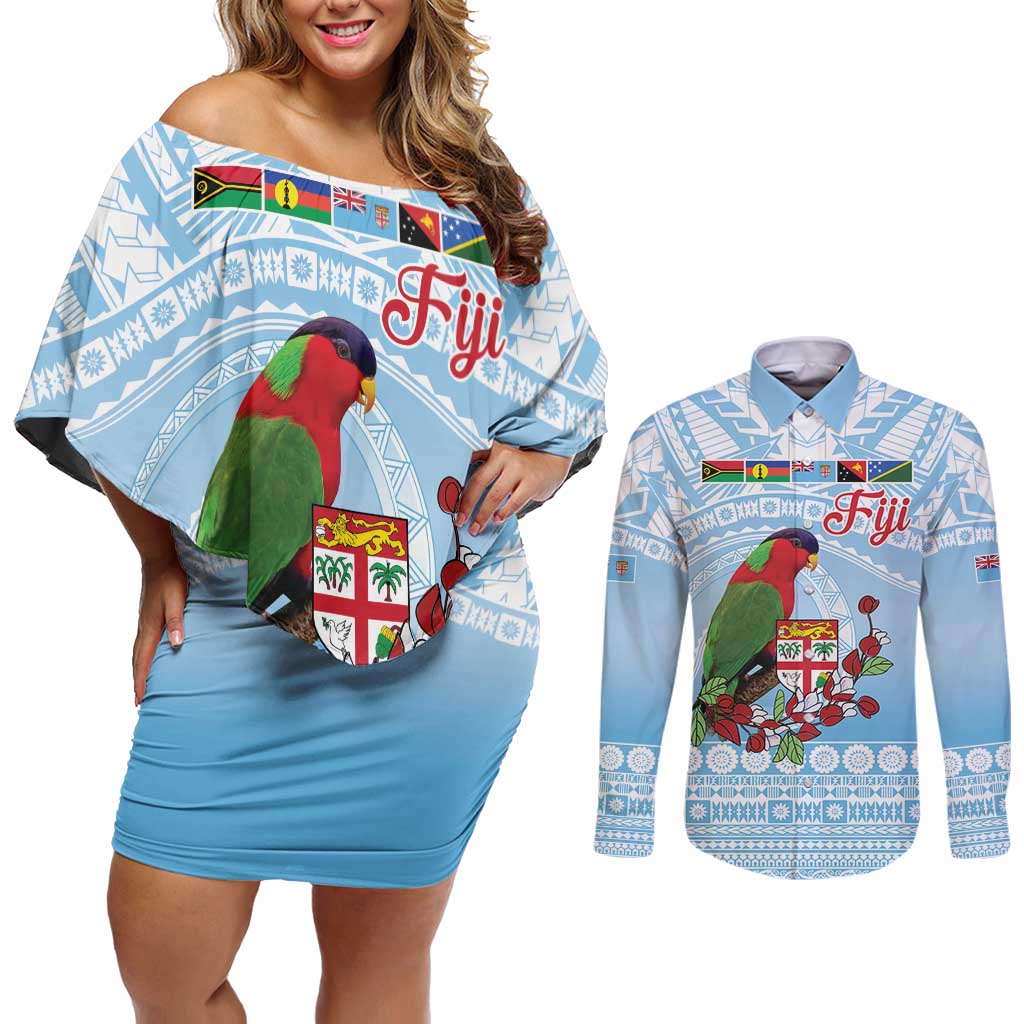 Melanesian Fiji Kula Bird Couples Matching Off Shoulder Short Dress and Long Sleeve Button Shirt with Tagimoucia Masi Tapa Pattern LT9 Blue - Polynesian Pride