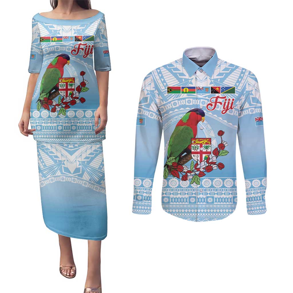 Melanesian Fiji Kula Bird Couples Matching Puletasi and Long Sleeve Button Shirt with Tagimoucia Masi Tapa Pattern LT9 Blue - Polynesian Pride