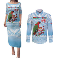 Melanesian Fiji Kula Bird Couples Matching Puletasi and Long Sleeve Button Shirt with Tagimoucia Masi Tapa Pattern LT9 Blue - Polynesian Pride
